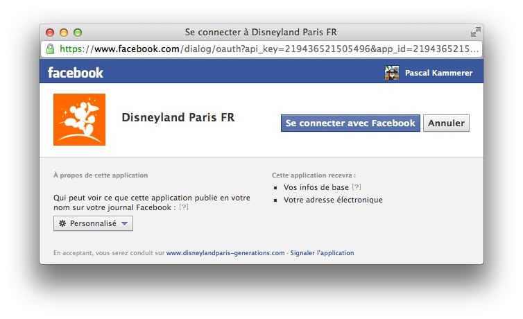 Disneyland Paris Generations - Facebook Connect popup