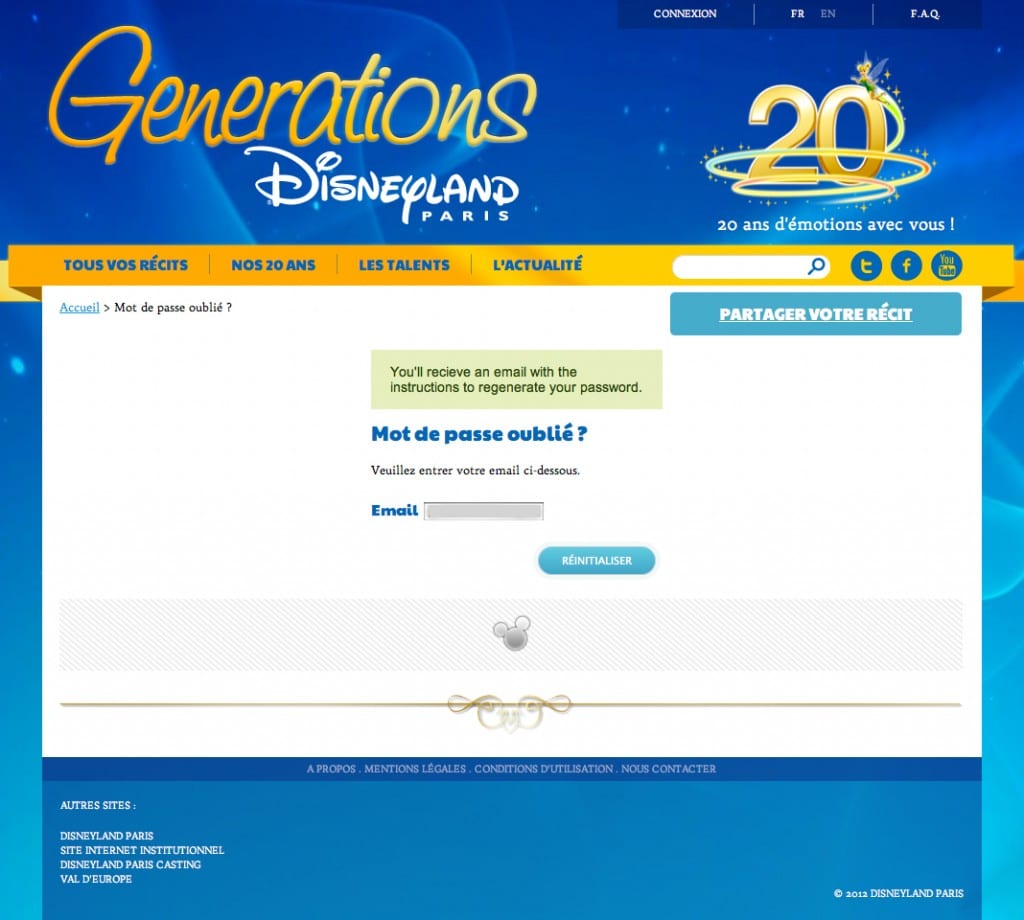 Disneyland Paris Generations - Mot de passe oublié