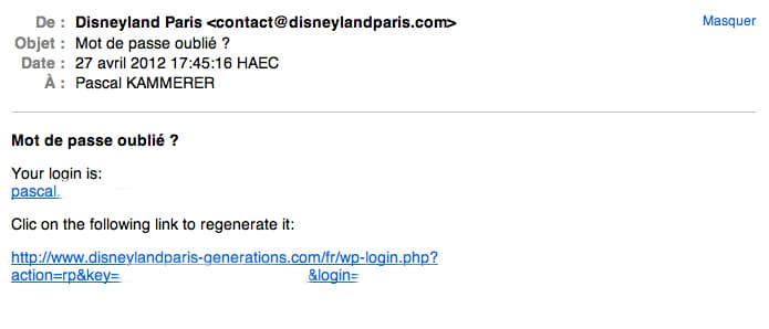 Disneyland Paris Generations - Mot de passe oublié email