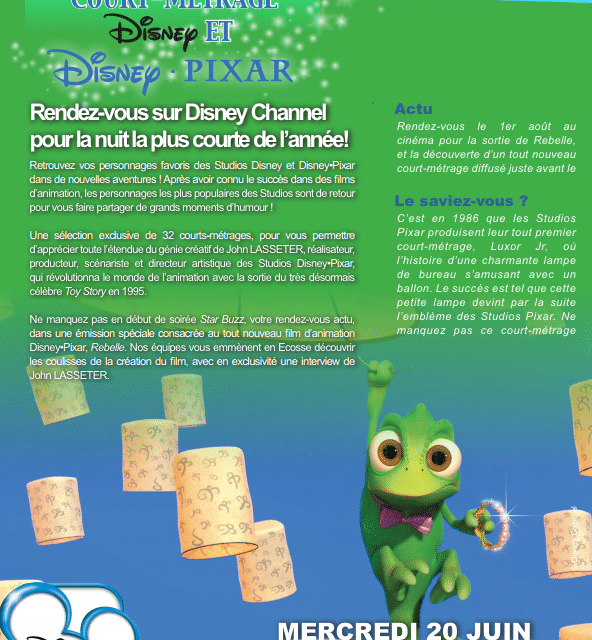 Immanquable ! Disney Channel vous donne rendez-vous pour la nuit la plus courte de l’année consacrée aux courts-métrages Disney Pixar !