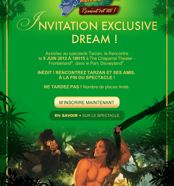 A l’occasion du retour du spectacle « Tarzan La Rencontre » cet été à Disneyland Paris, les passeports annuels Dream sont conviés à rencontrer les performers lors d’une représentation le 09 Juin prochain.