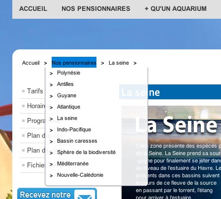 Aquarium de Paris - Nouveau site Web - Menu déroulant