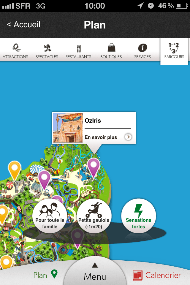 Parc Astérix - Application iPhone - Oziris sur le plan