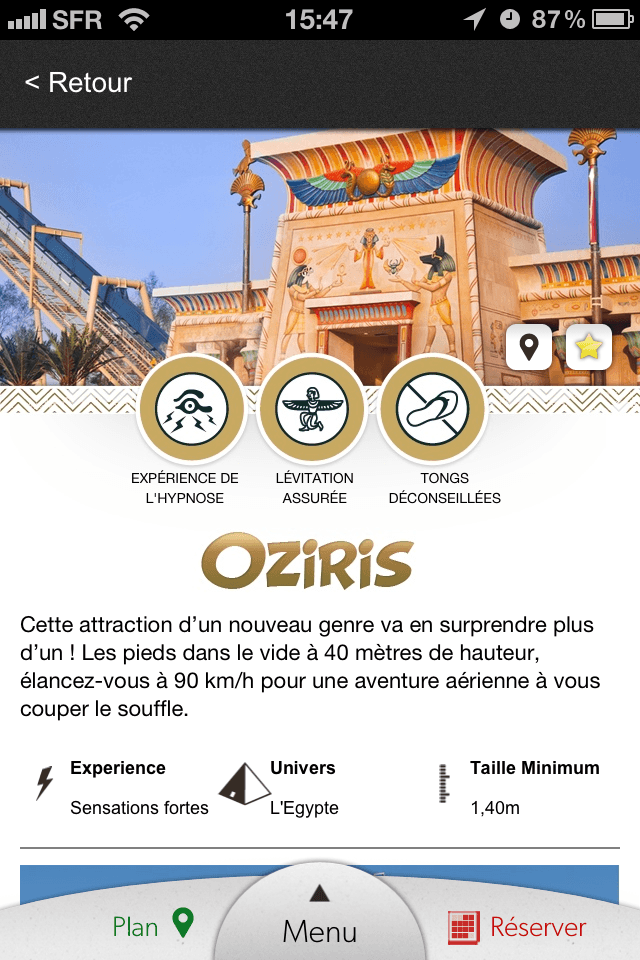 Parc Astérix - Application iPhone - L'attraction Oziris