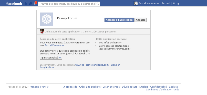 Go Disneyland - Inscription Facebook - Autorisation