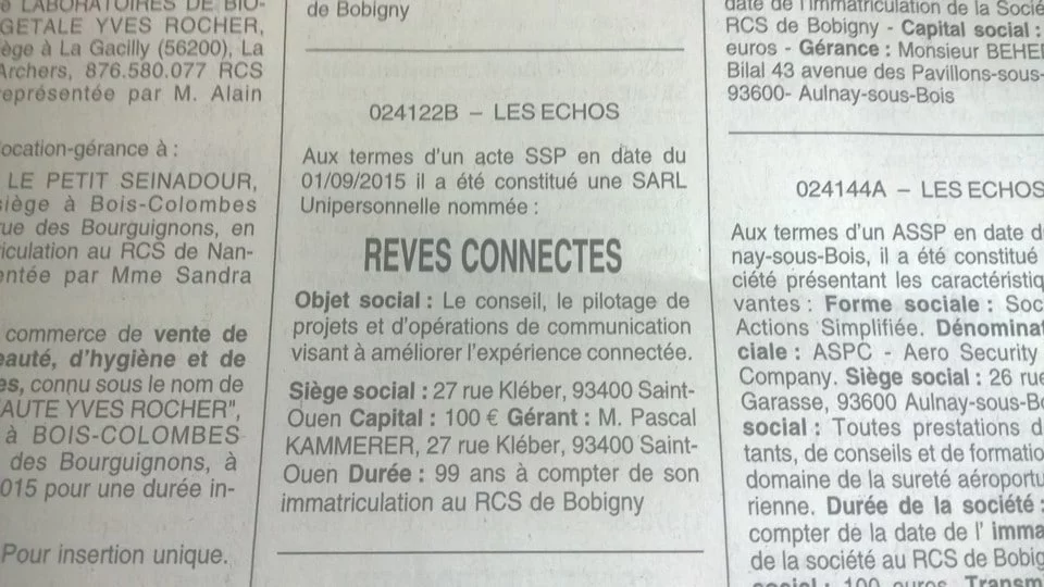 Annonce légale Rêves Connectés SARL dans Les Echos.